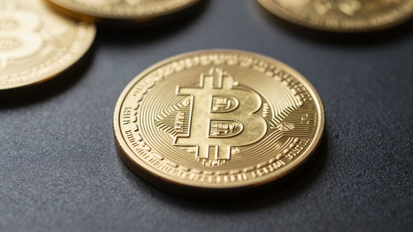 Golden Bitcoin coin on a dark surface.