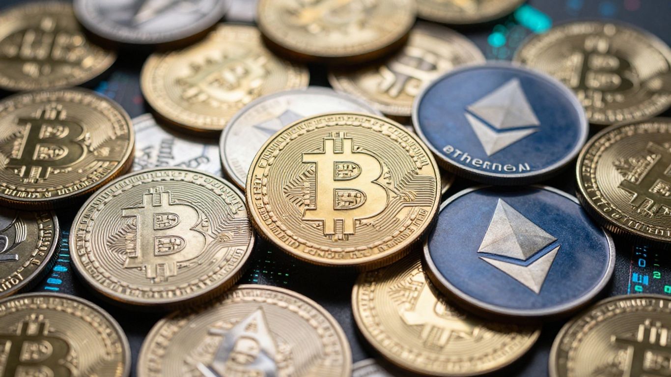 Cryptocurrency coins with glowing digital patterns in a photographic style.