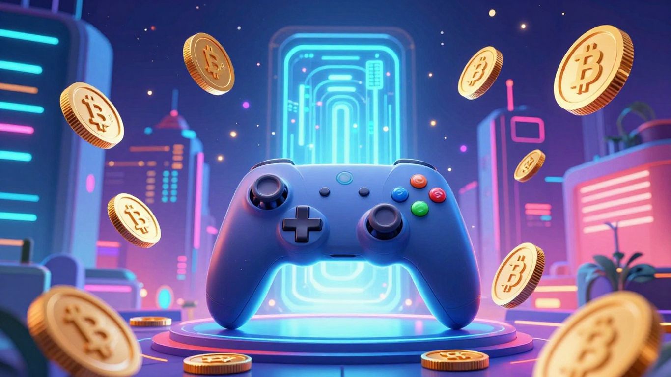 Futuristic crypto gaming coins and game controller