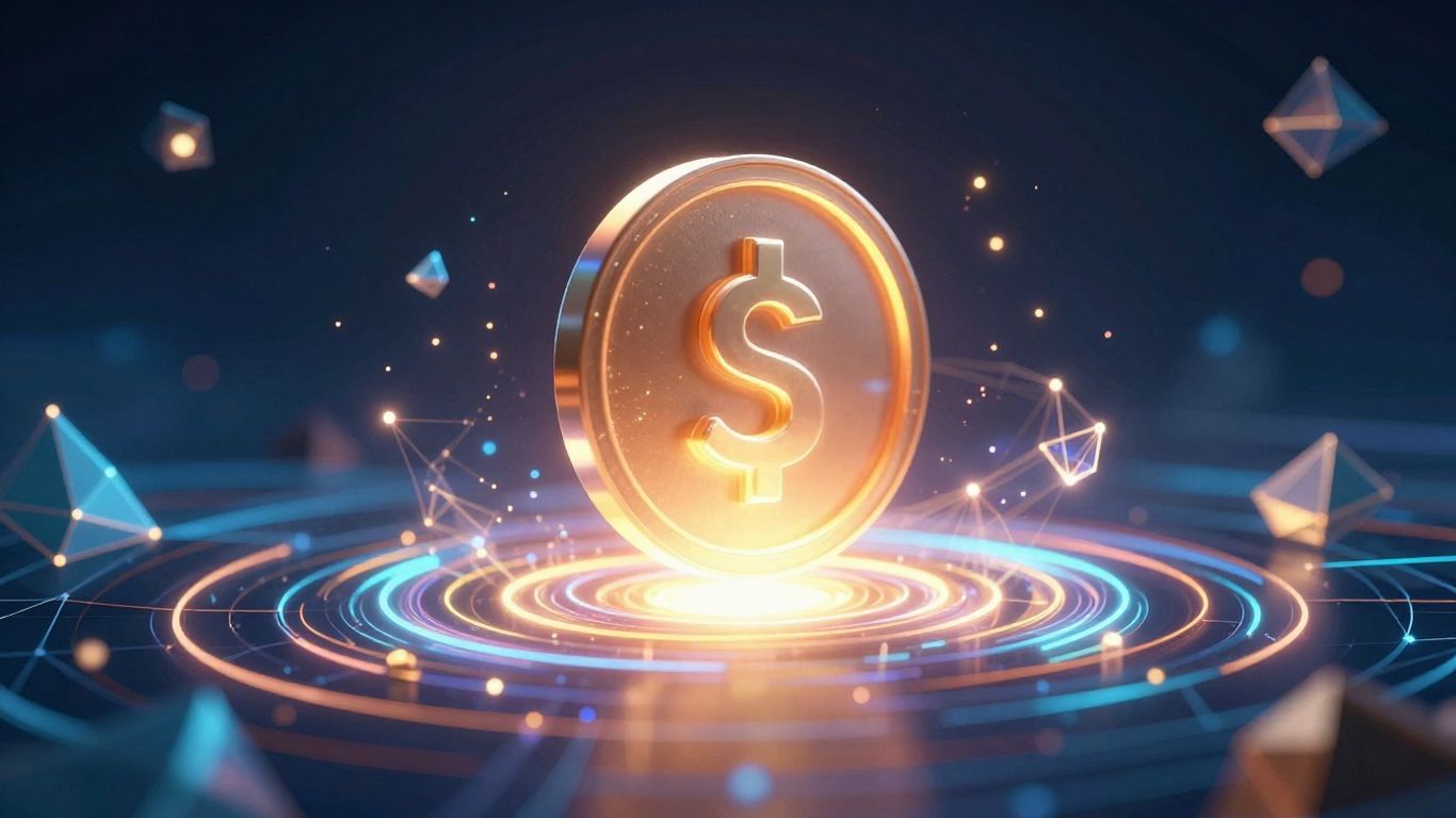 Futuristic digital landscape with a glowing token.