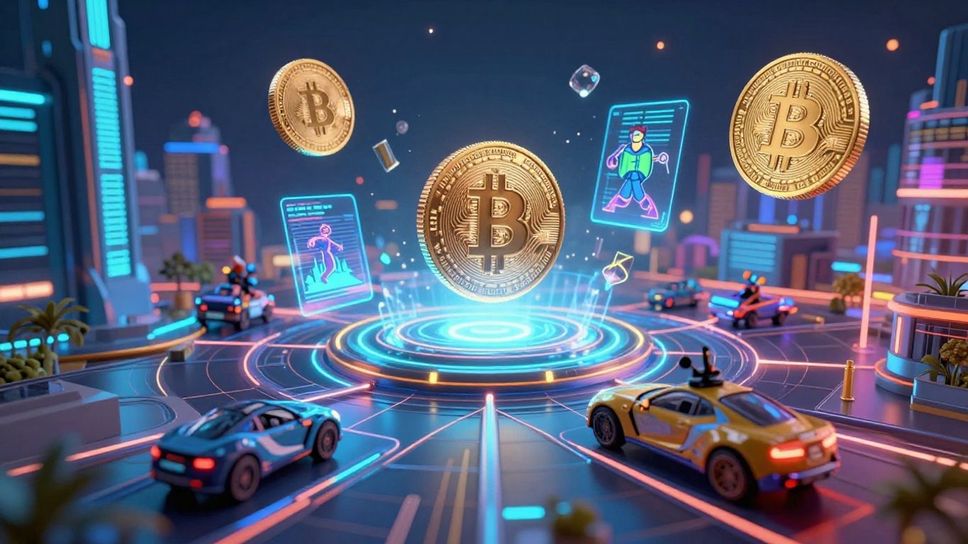 Futuristic blockchain gaming and crypto presales concept art.