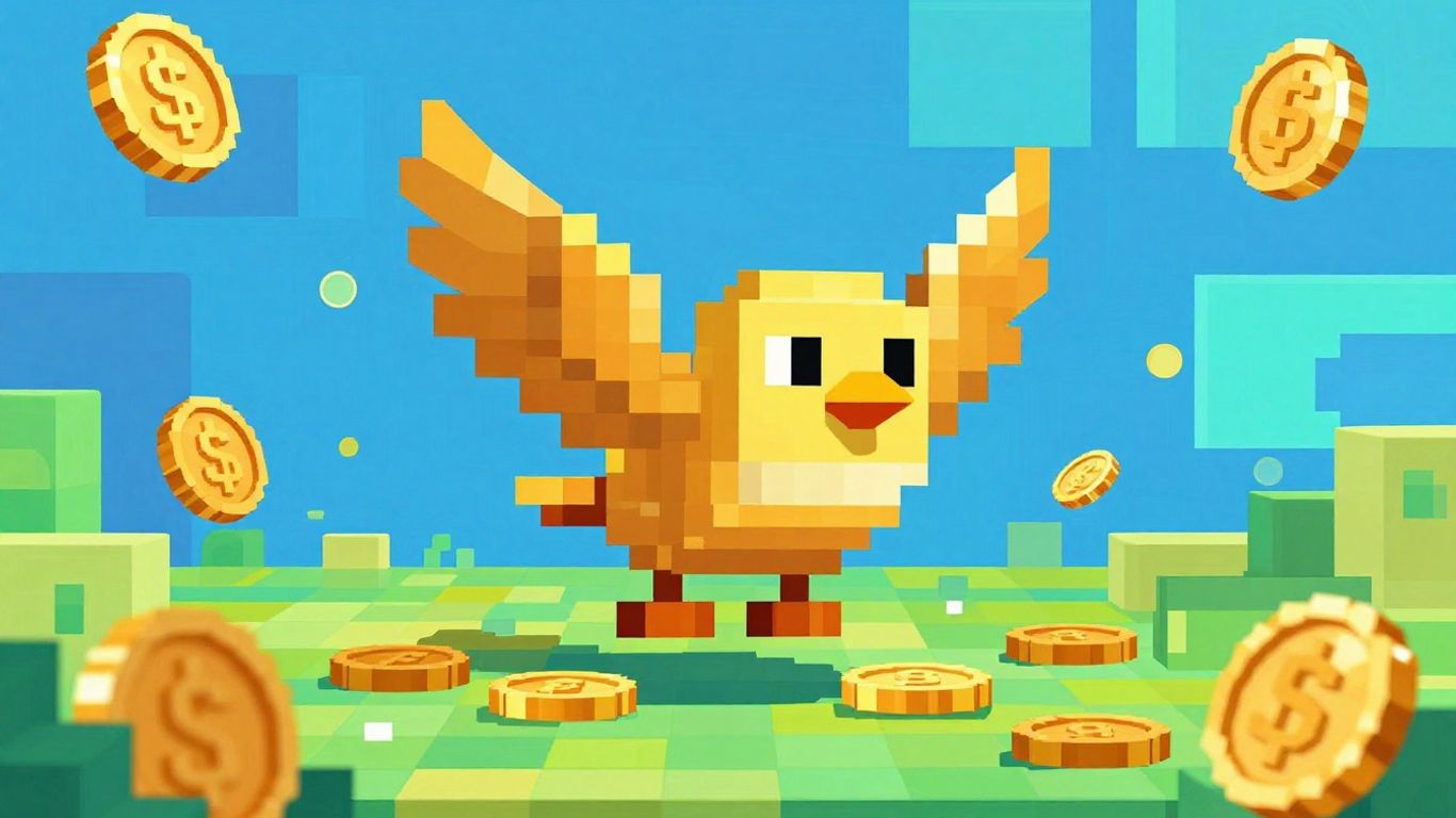 Pixelated bird flying through blockchain landscape with coins.