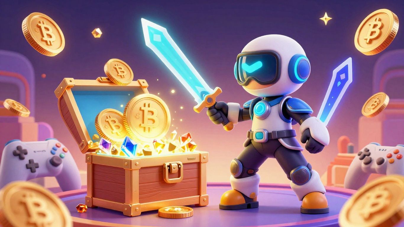 Gamer earning digital rewards and crypto in a virtual world.
