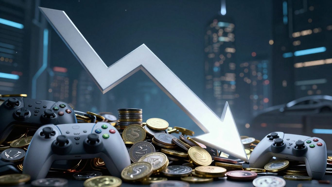 Web3 gaming funding decline, digital coins, game controllers.