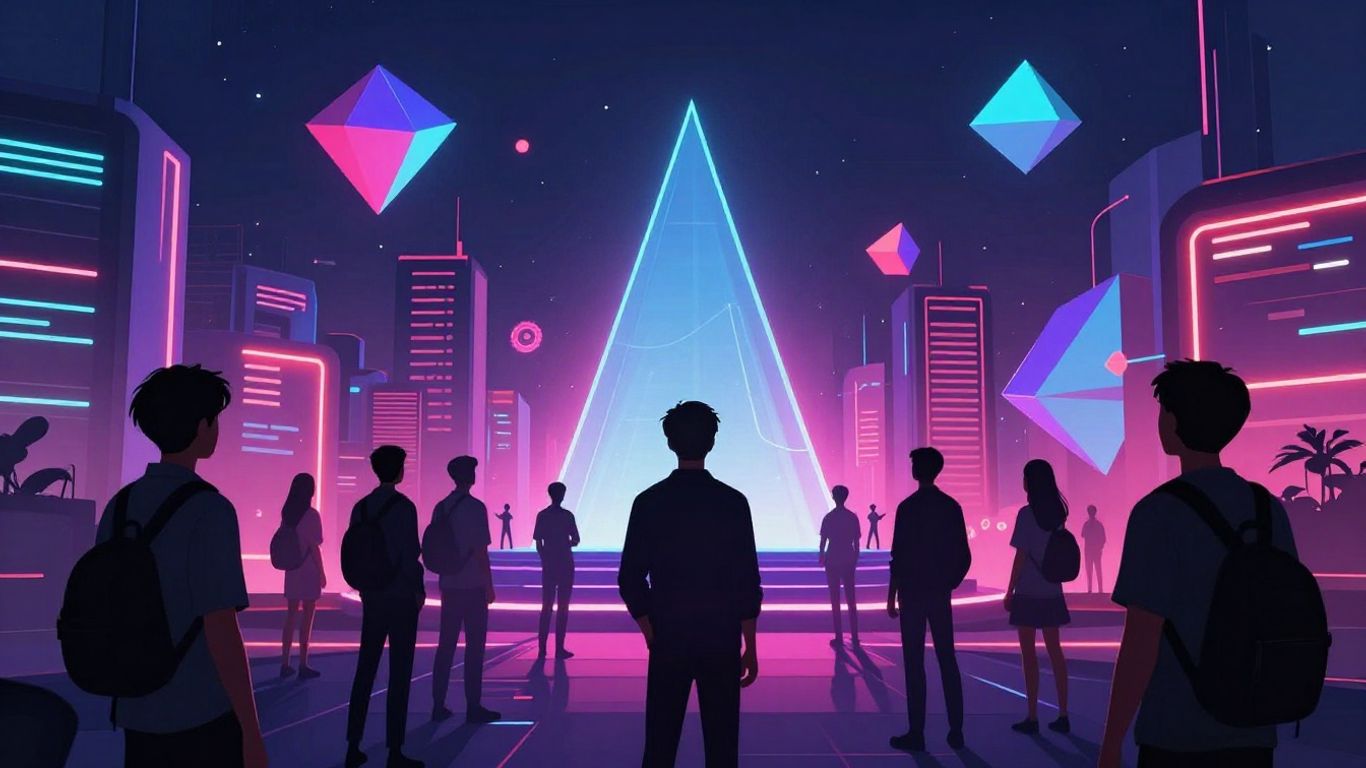 Singapore skyline with digital gaming elements and people.