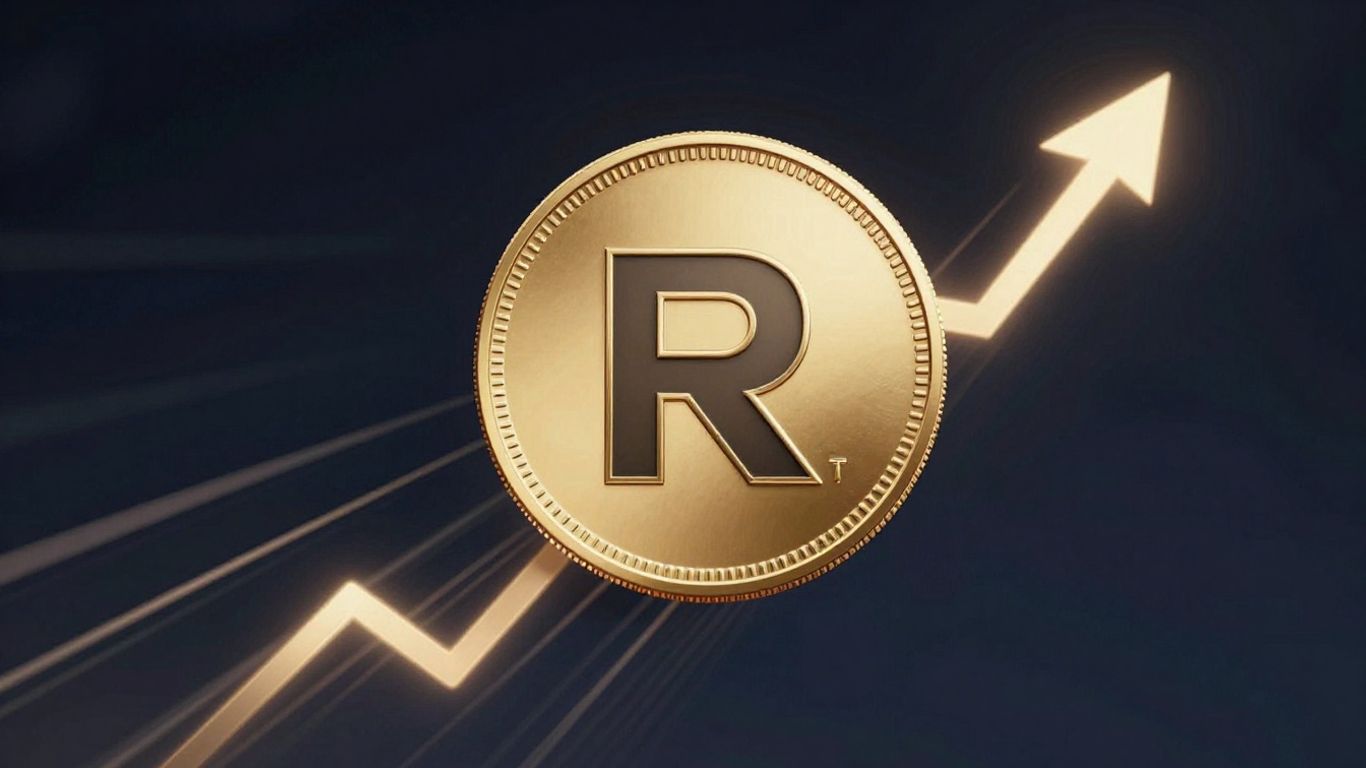 RST crypto coin surging upwards with light trails.