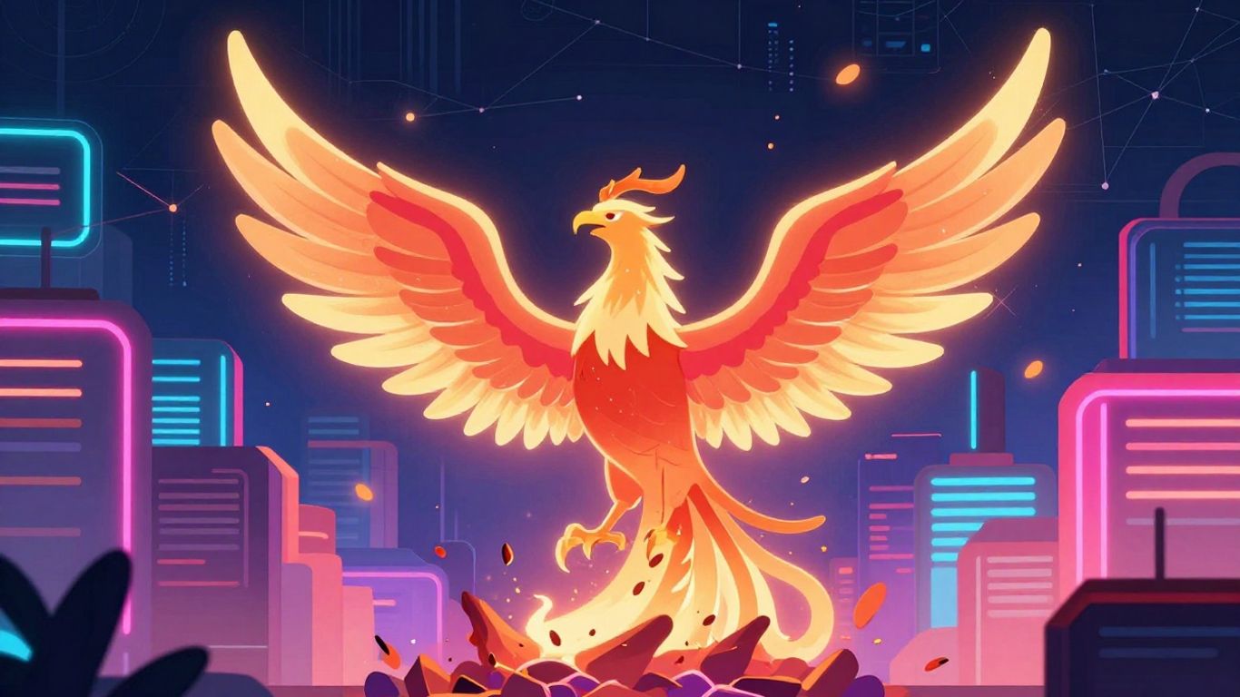 Axie Infinity game characters and a rising phoenix.